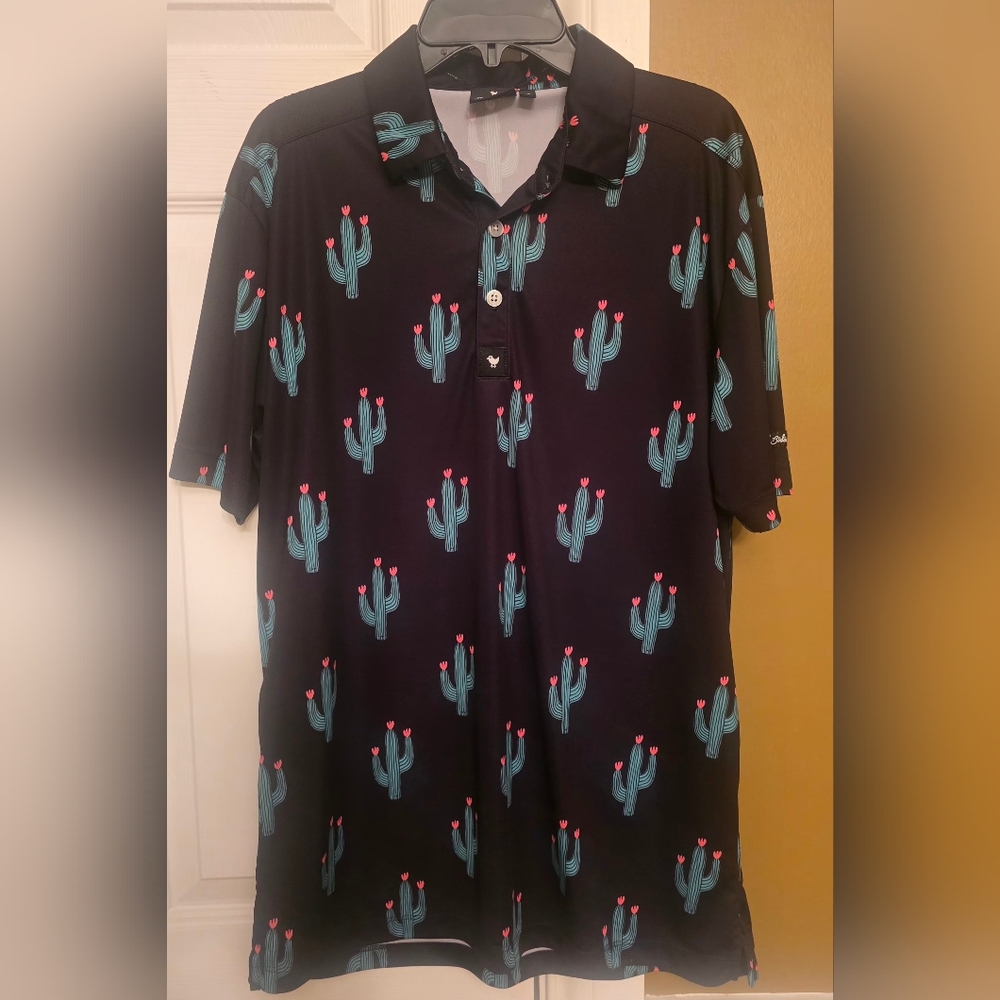 Bad Birdie Black Polo with Green Green Cactus and Pink Accents
